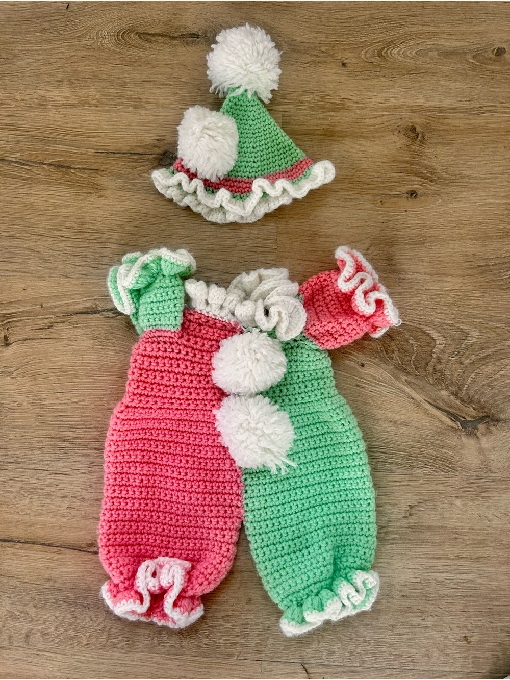 Vintage Handmade newborn Crochet fun clown one-piece costume w baby hat pom poms